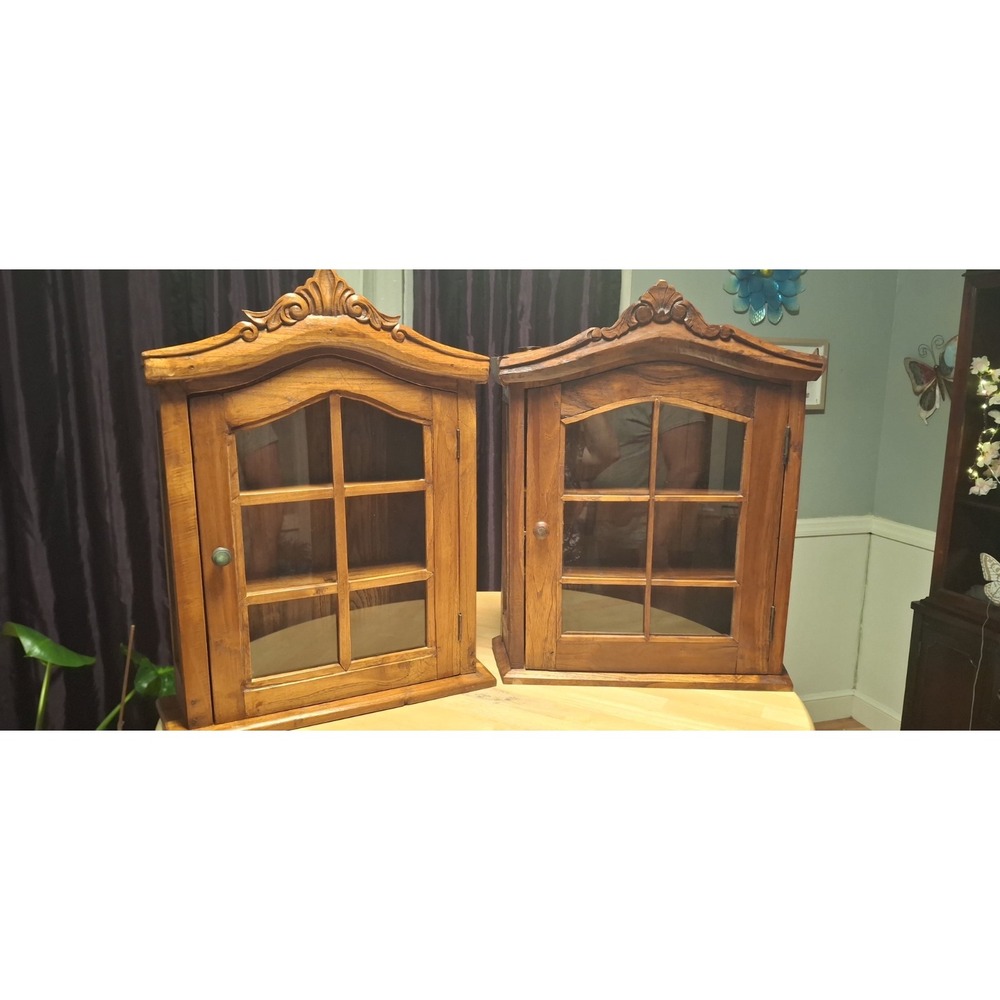 2 Authentic French Provincial Wall Hanging Cabinets Circa 1902 Oak Wood Glass